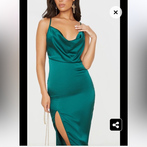 Pretty Little Thing Green Satin Cowl Neck Midi Dress - Picture 2 of 9